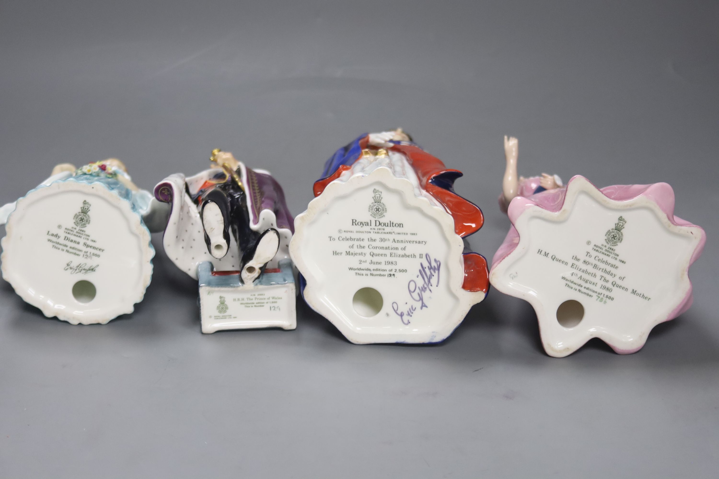 A Royal Doulton figure, 'HM Queen Elizabeth II 30th Anniversary of the Coronation', no. 129/2500 and three other Royal figures